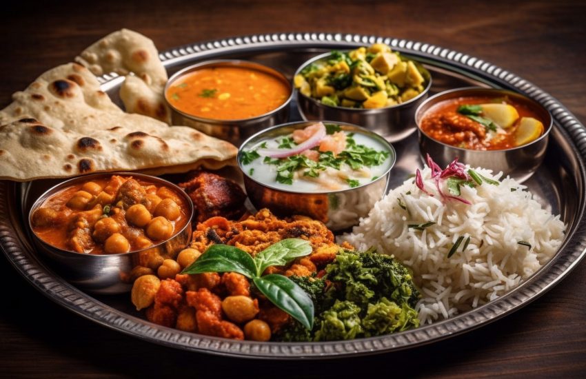 Gourmet bowl with healthy rice, meat, and vegetables generated by artificial intelligence